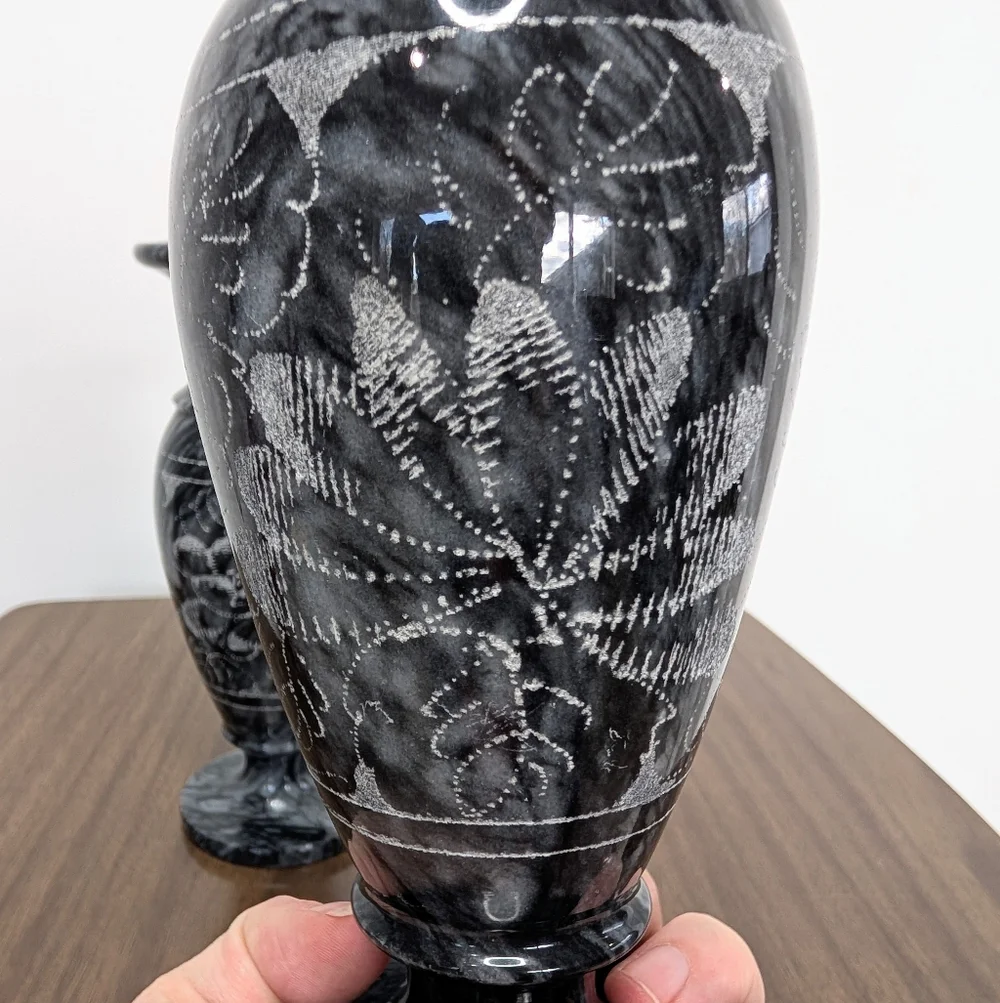 Pair Of Black & Gray Quartz Vained Marble Floral Etched Footed Vases Solid Stone